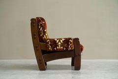 Chaise longue brutaliste en Oak Oak massif et velours années 1960