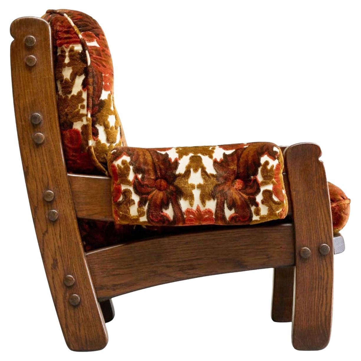 Brutalist Lounge Chair in Solid Oak and Velvet 1960s For Sale