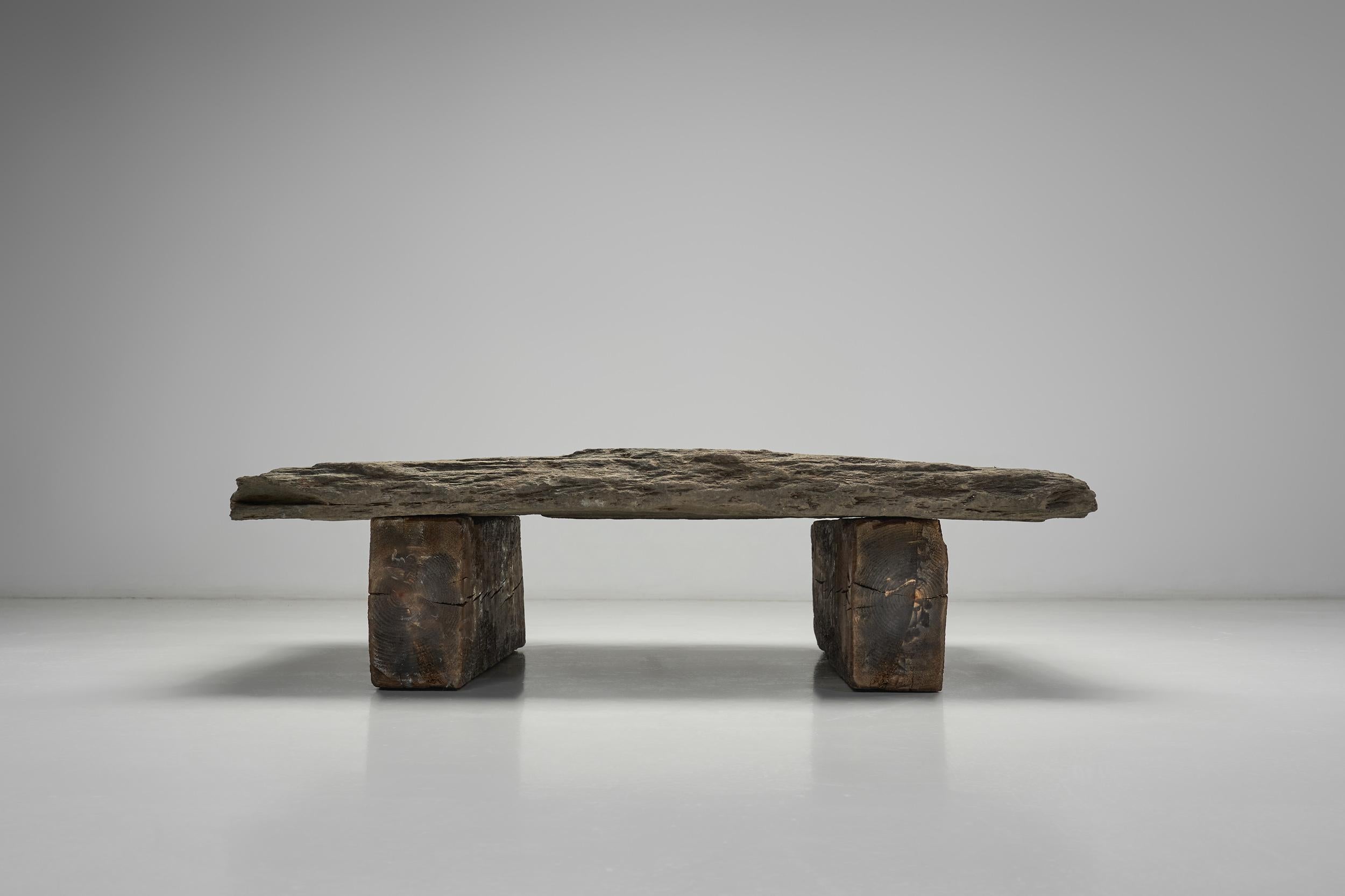 Brutalist Low Coffee Table in Slate Stone and Pine, Spain 1960s For Sale 8