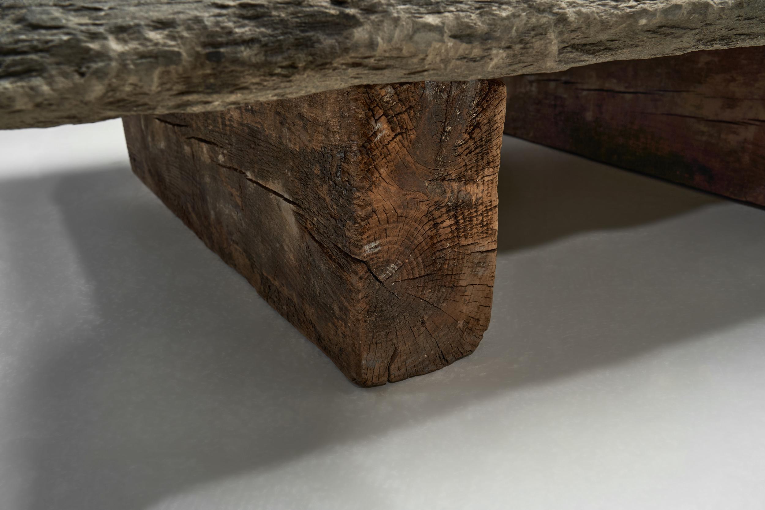 Brutalist Low Coffee Table in Slate Stone and Pine, Spain 1960s For Sale 9