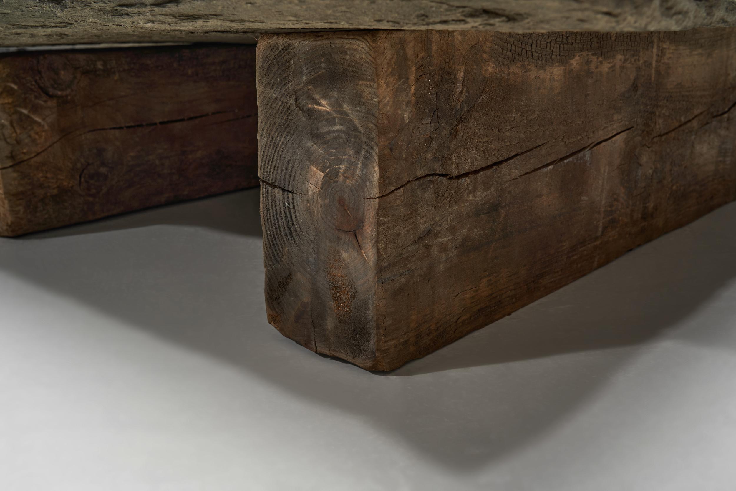 Brutalist Low Coffee Table in Slate Stone and Pine, Spain 1960s For Sale 12