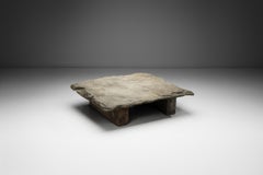 Brutalist Low Coffee Table in Slate Stone and Pine, Spain 1960s