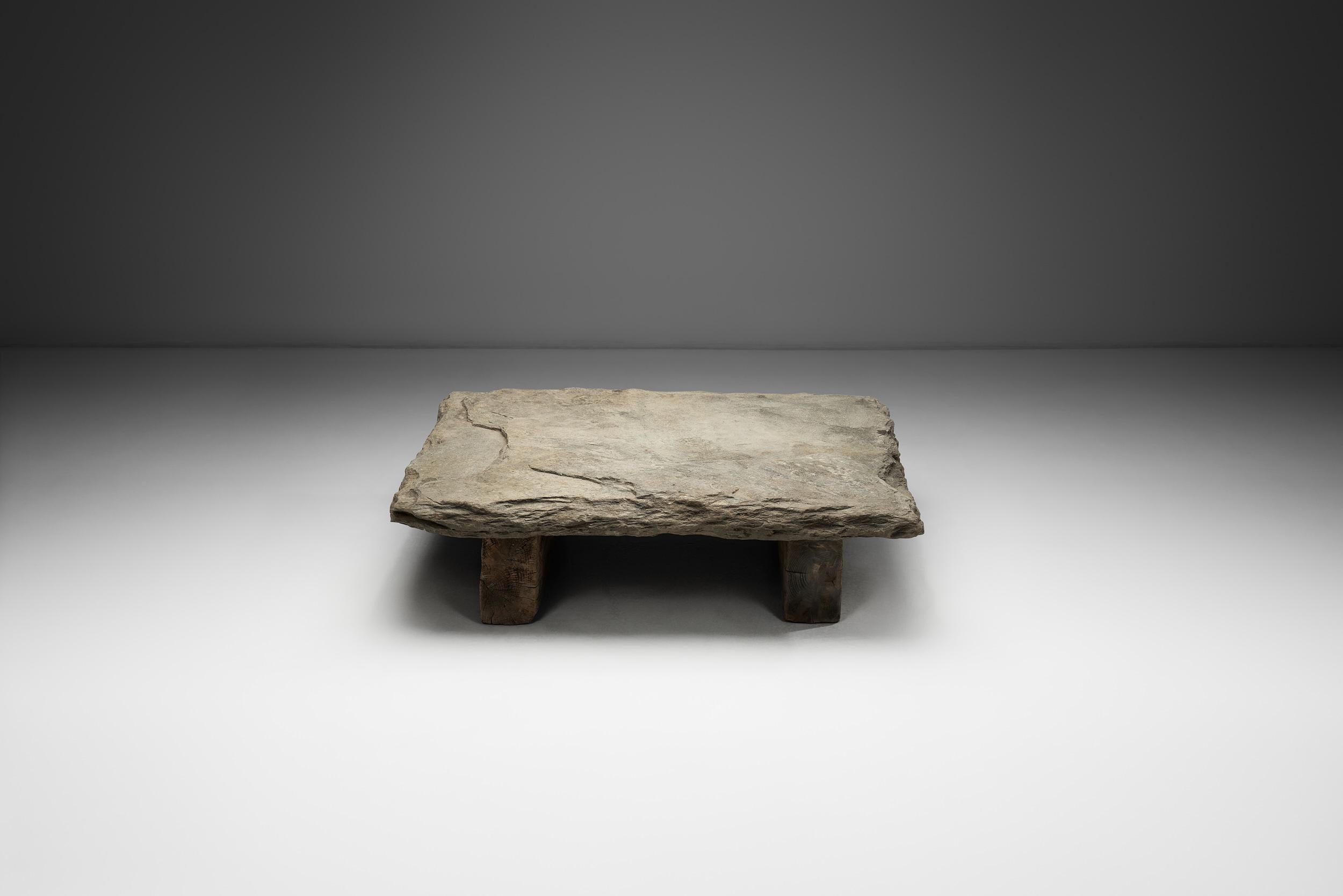 Spanish Brutalist Low Coffee Table in Slate Stone and Pine, Spain 1960s For Sale