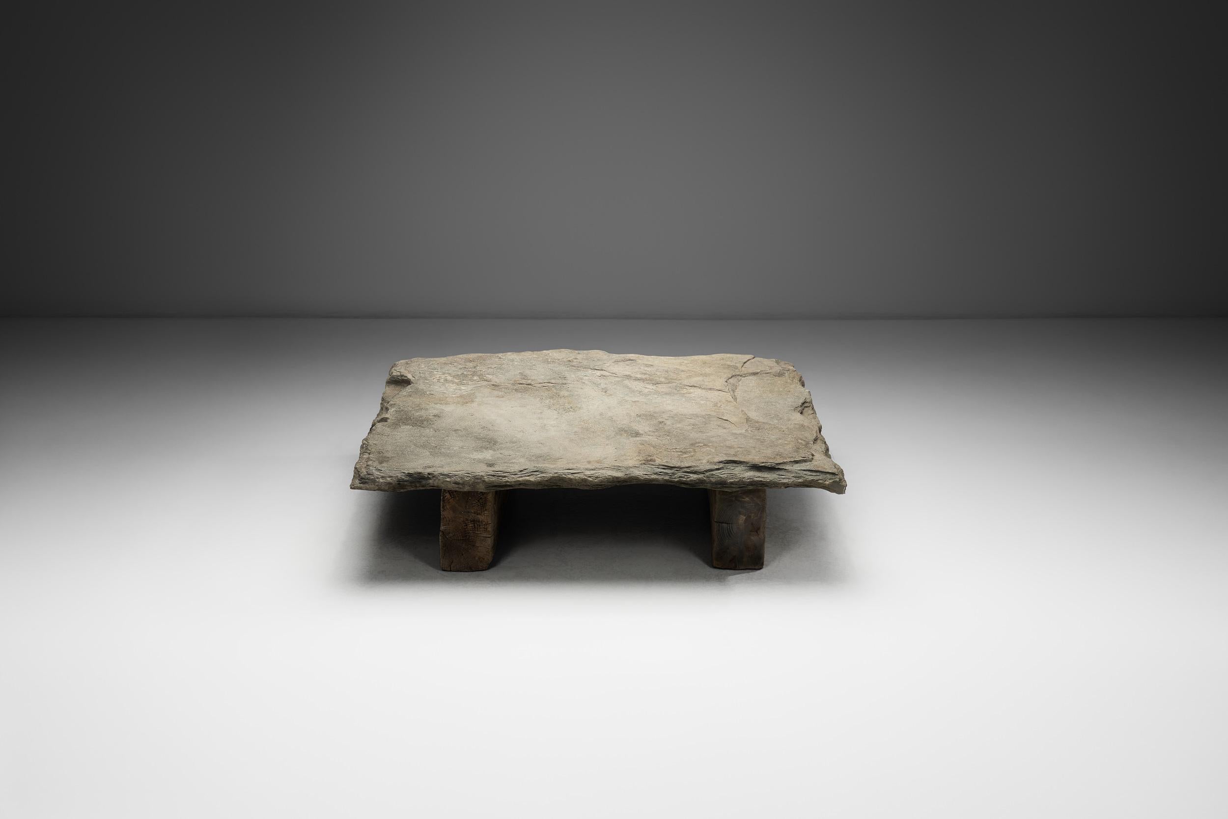 Mid-20th Century Brutalist Low Coffee Table in Slate Stone and Pine, Spain 1960s For Sale