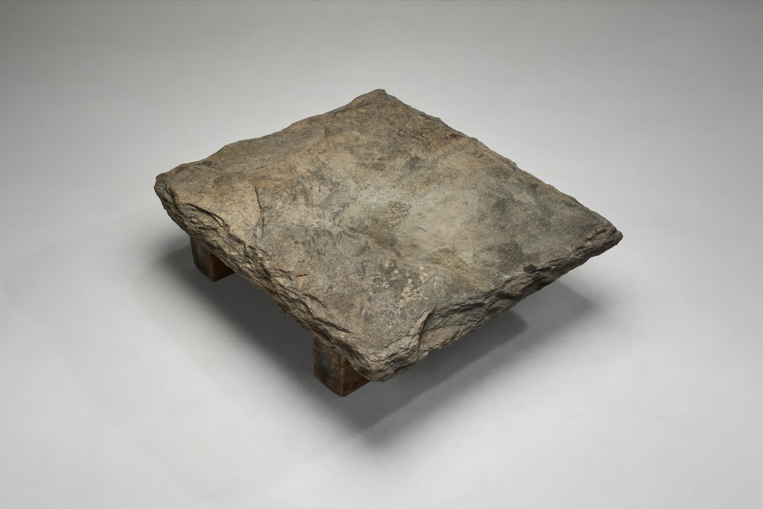 Brutalist Low Coffee Table in Slate Stone and Pine, Spain 1960s For Sale 2