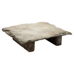 Brutalist Low Coffee Table in Slate Stone and Pine, Spain 1960s