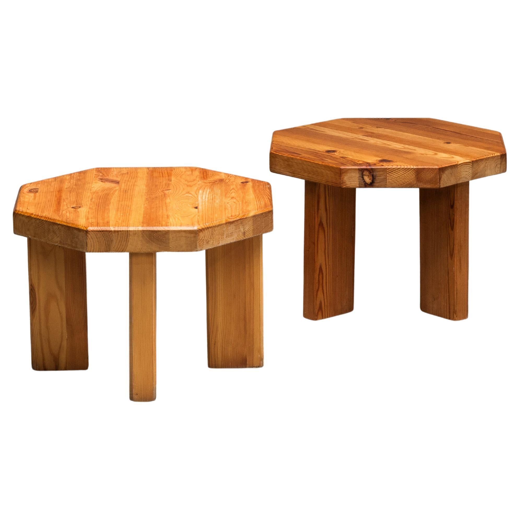 Brutalist Low Pine Stools or Side Tables, 1970s, Set of 2 For Sale