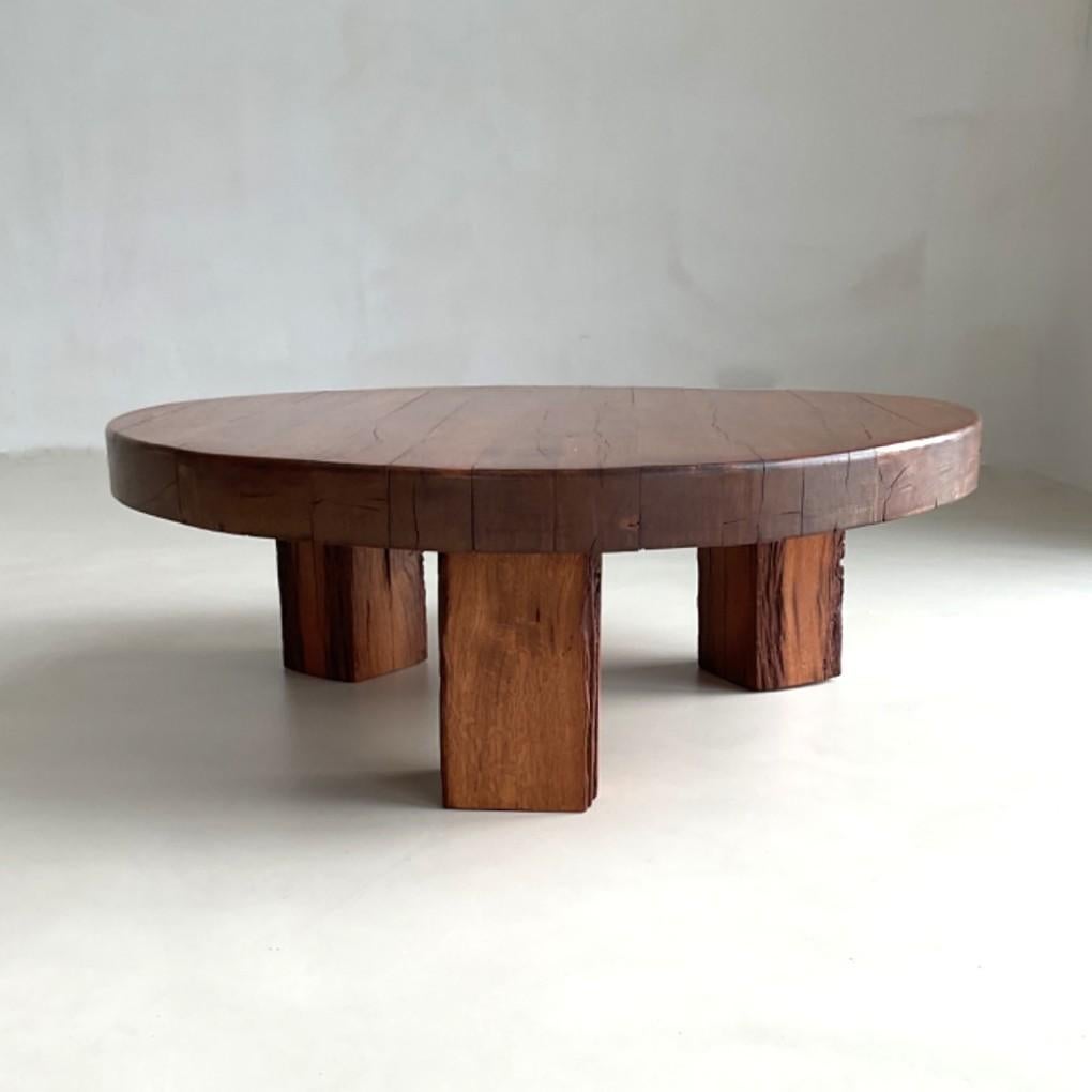 Teak Brutalist Low Solid Oak Coffee Table, 1970s For Sale