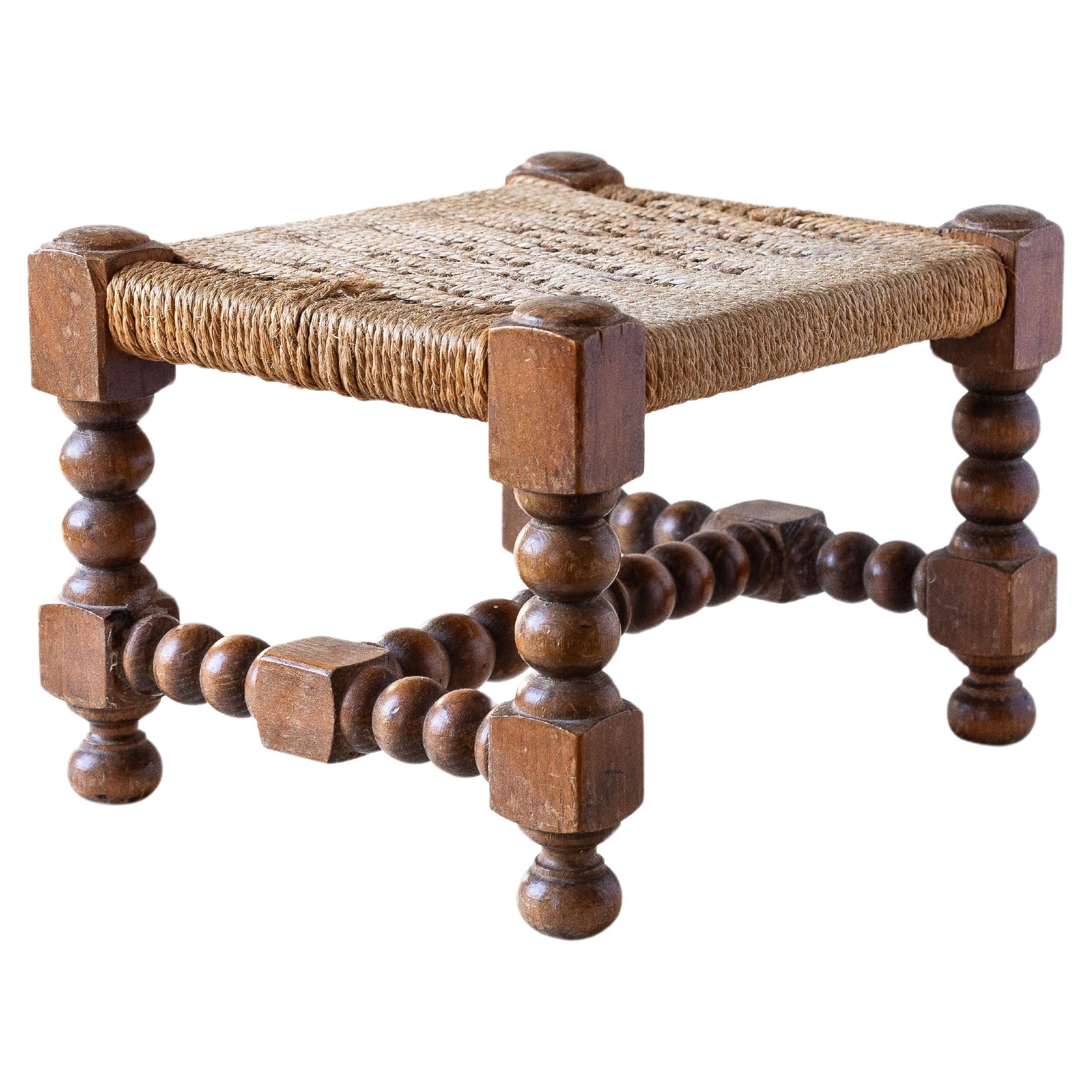 Brutalist Low Stool in Woven Rope on Wood France 1960s