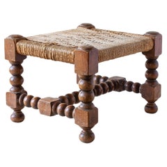 Sgabello basso brutalista in corda intrecciata su Wood Wood 1960s
