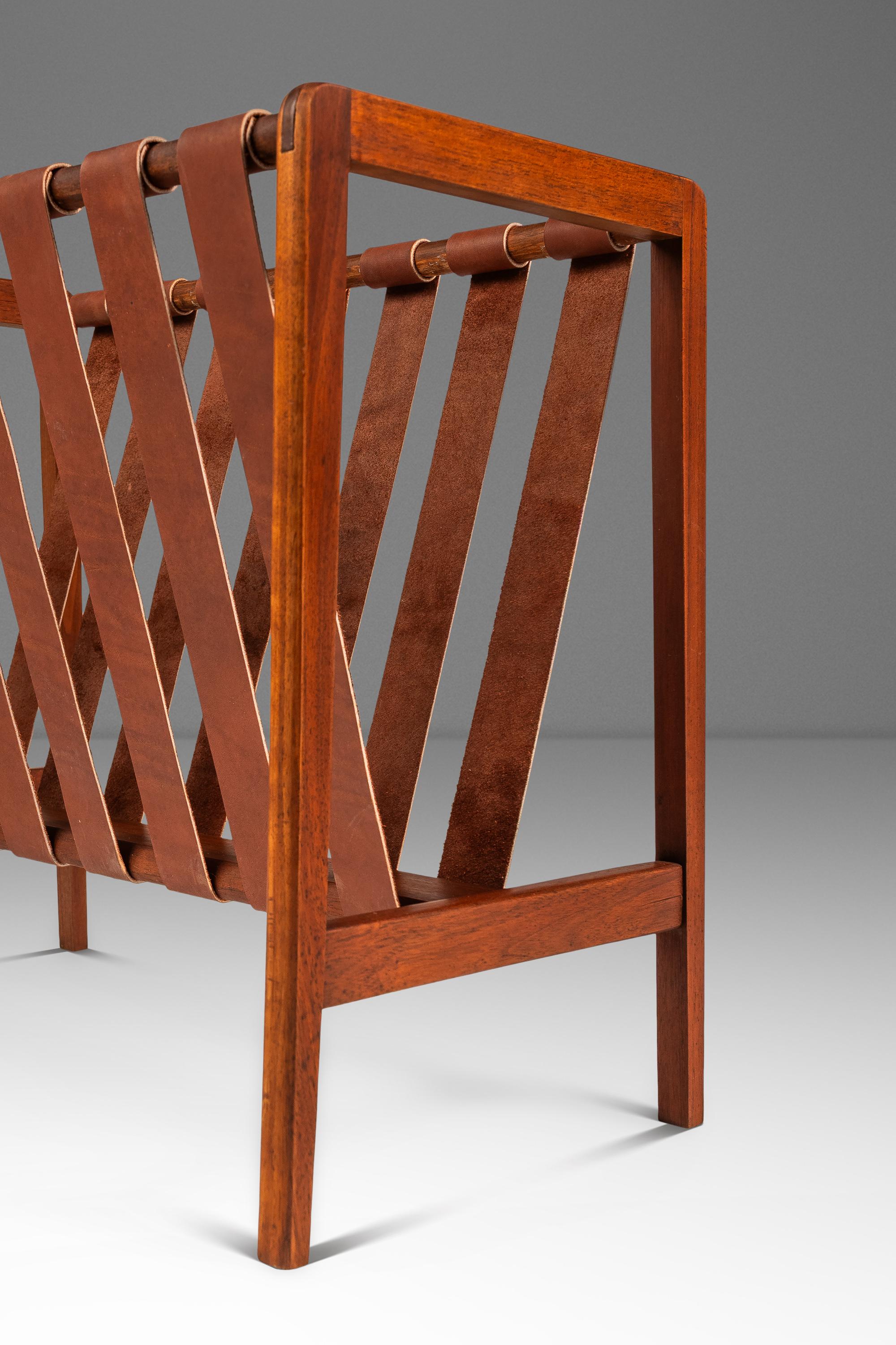Brutalist Magazine Rack in Solid Teak with Leather Straps, Denmark, c. 1960s For Sale 7