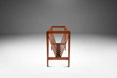 Brutalist Magazine Rack in Solid Teak with Leather Straps, Denmark, c. 1960s