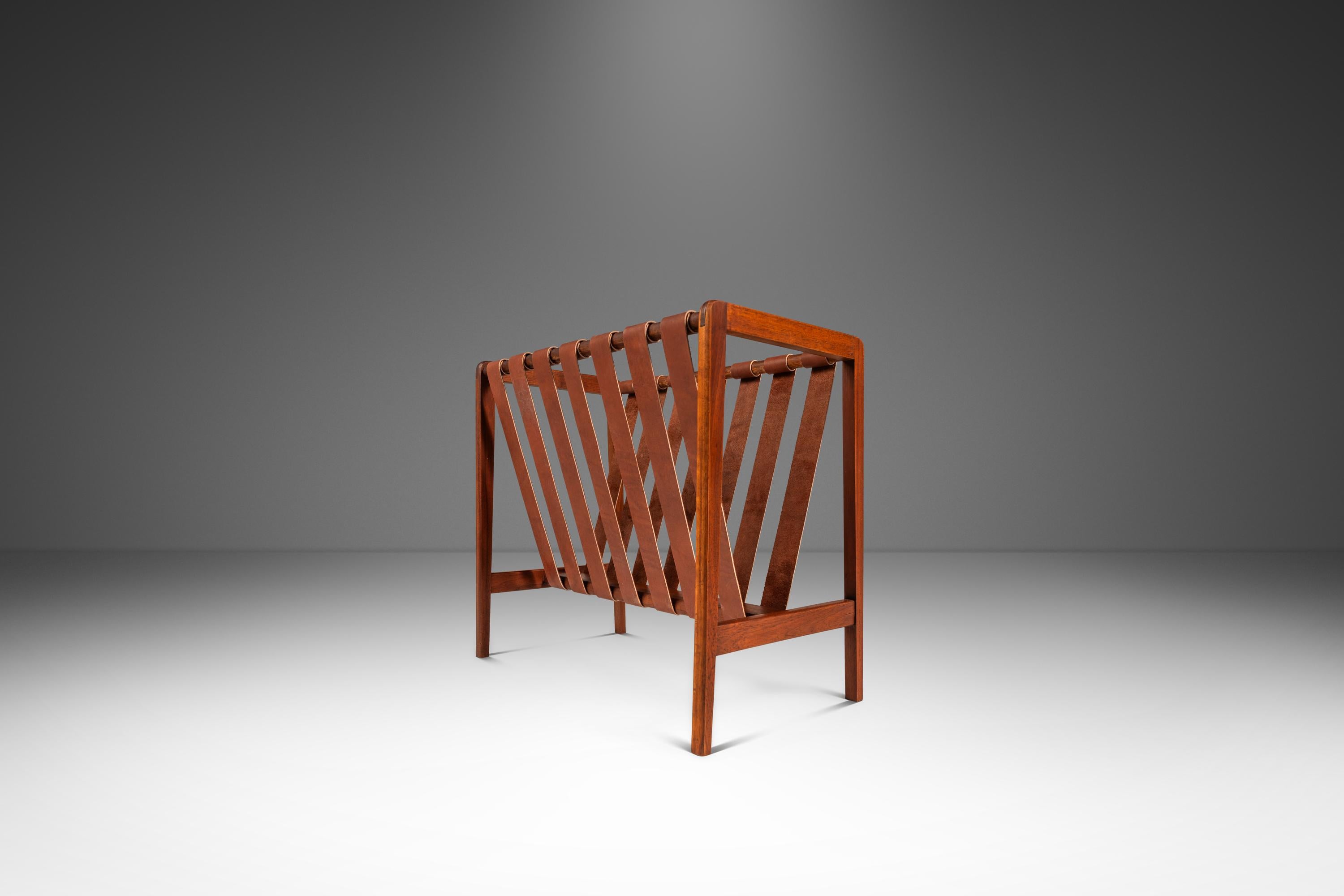Mid-Century Modern Brutalist Magazine Rack in Solid Teak with Leather Straps, Denmark, c. 1960s For Sale