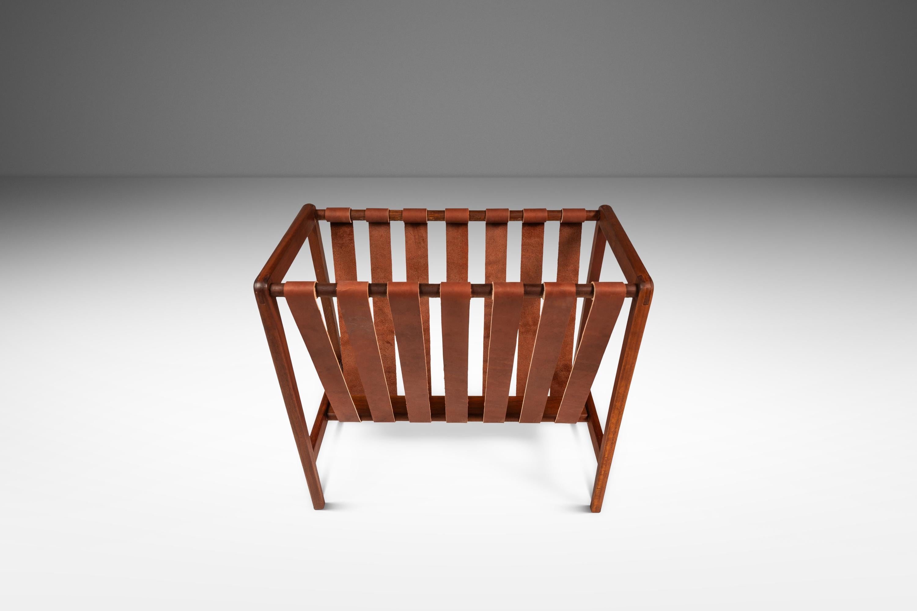 Danish Brutalist Magazine Rack in Solid Teak with Leather Straps, Denmark, c. 1960s For Sale