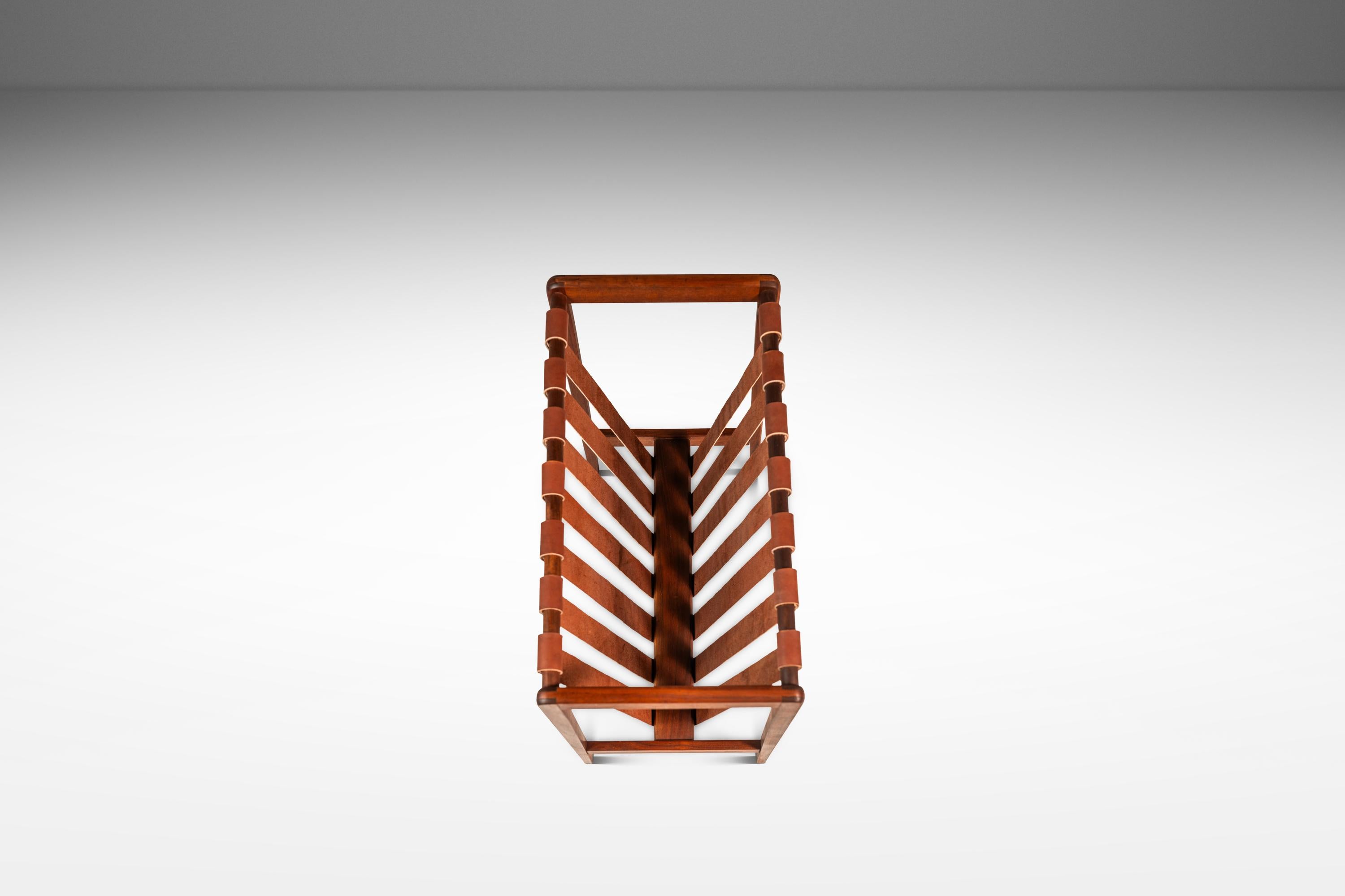 Brutalist Magazine Rack in Solid Teak with Leather Straps, Denmark, c. 1960s In Good Condition For Sale In Deland, FL