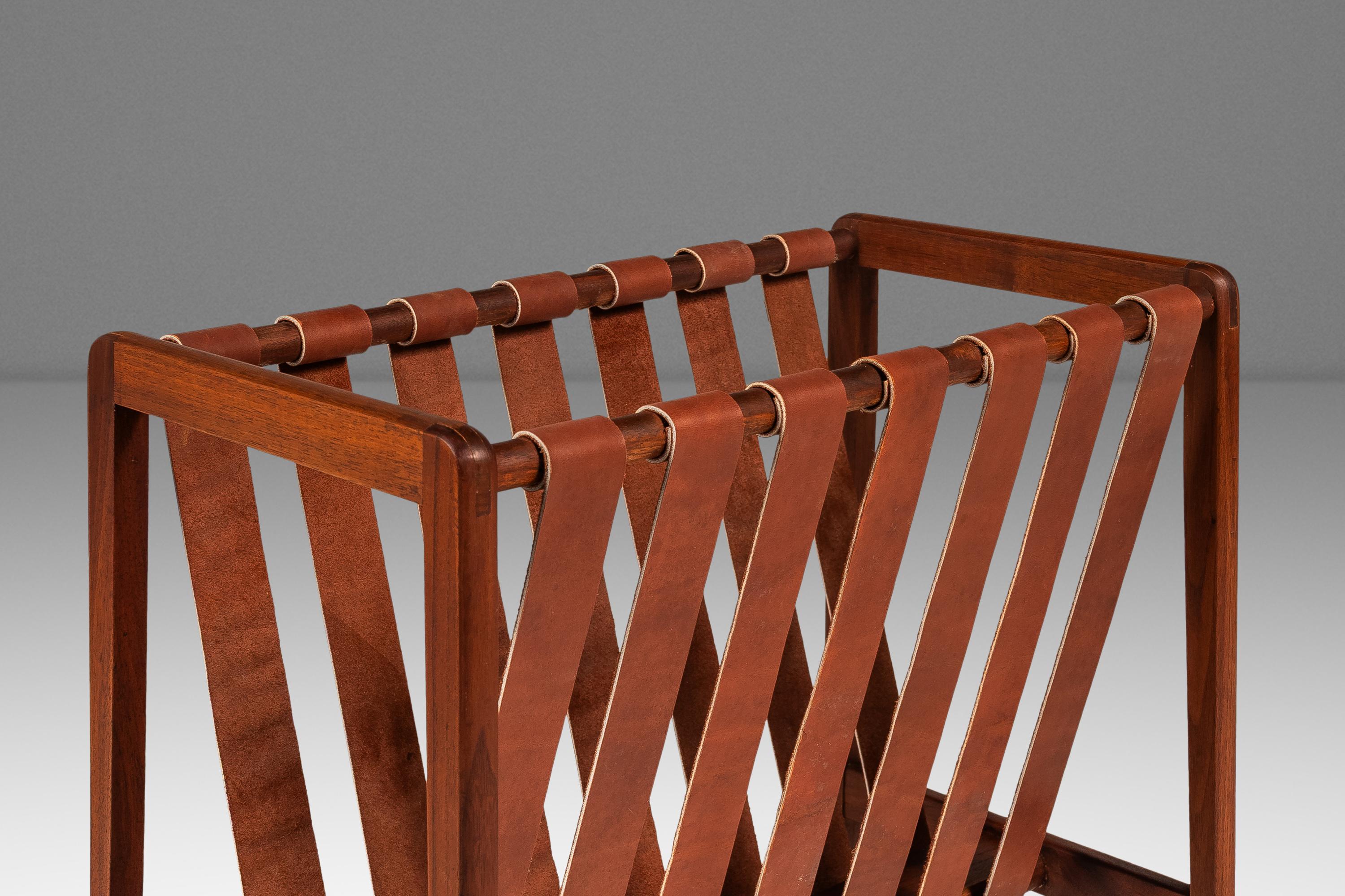 Mid-20th Century Brutalist Magazine Rack in Solid Teak with Leather Straps, Denmark, c. 1960s For Sale