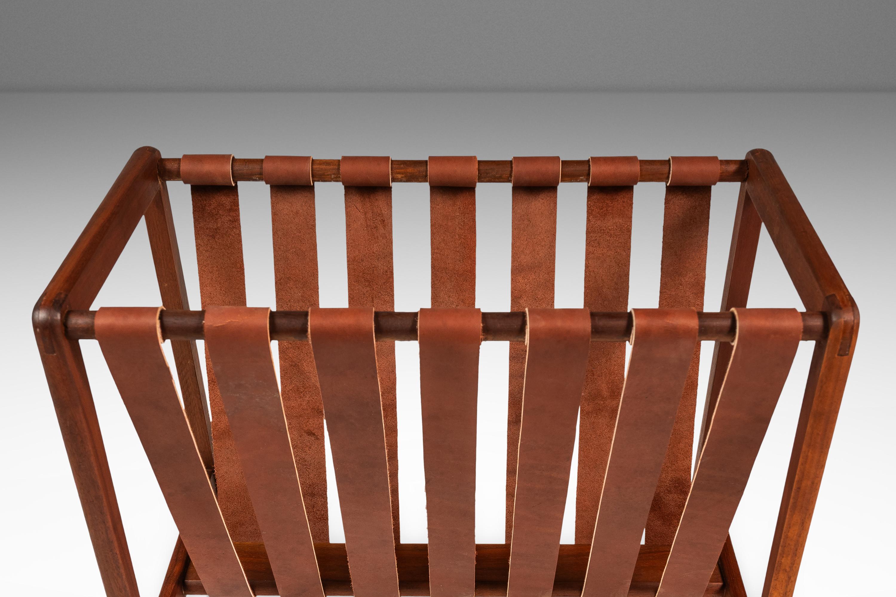 Brutalist Magazine Rack in Solid Teak with Leather Straps, Denmark, c. 1960s For Sale 2
