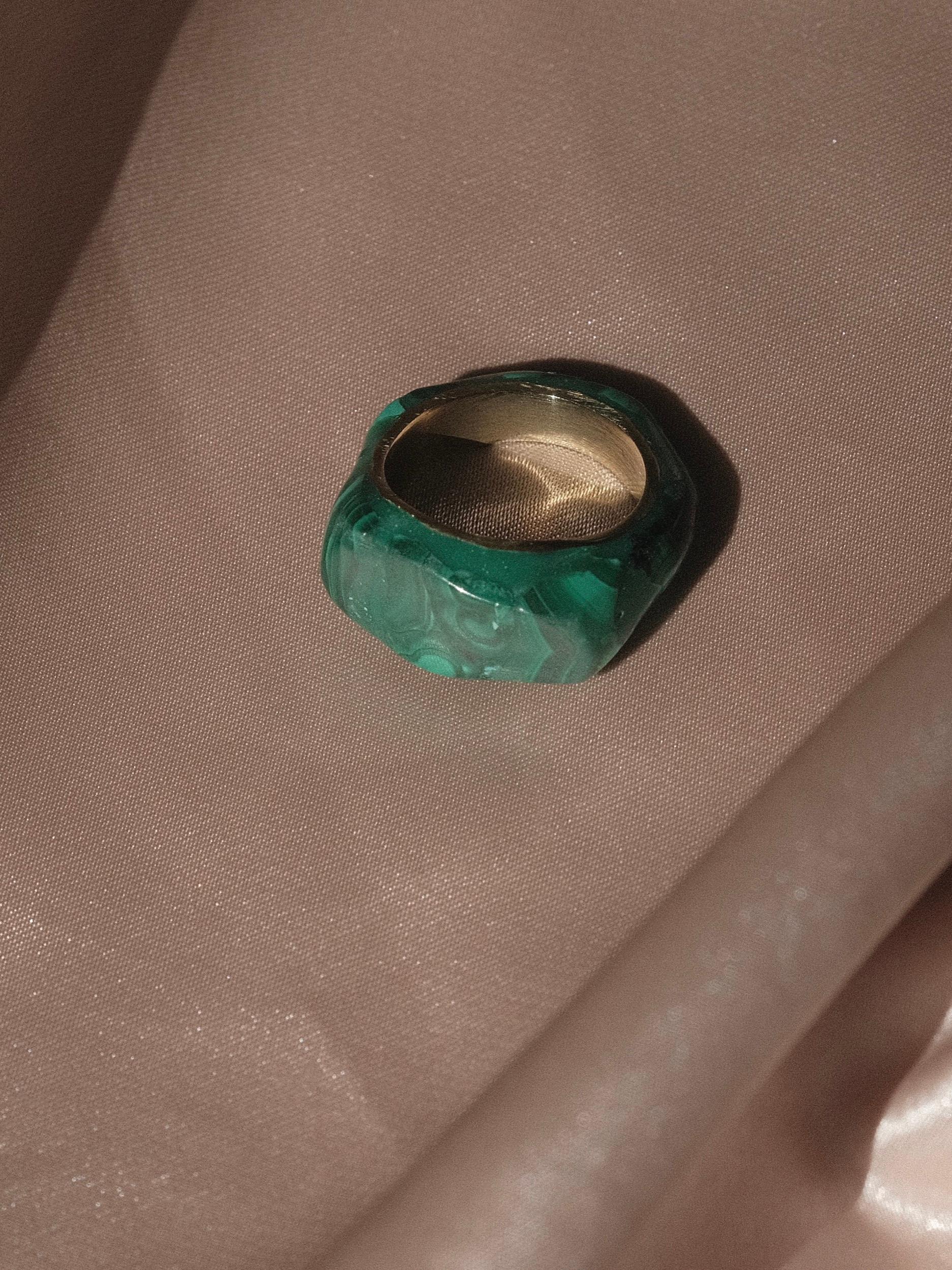 Brutalist Malachite and Brass Ring Size 5.5 5