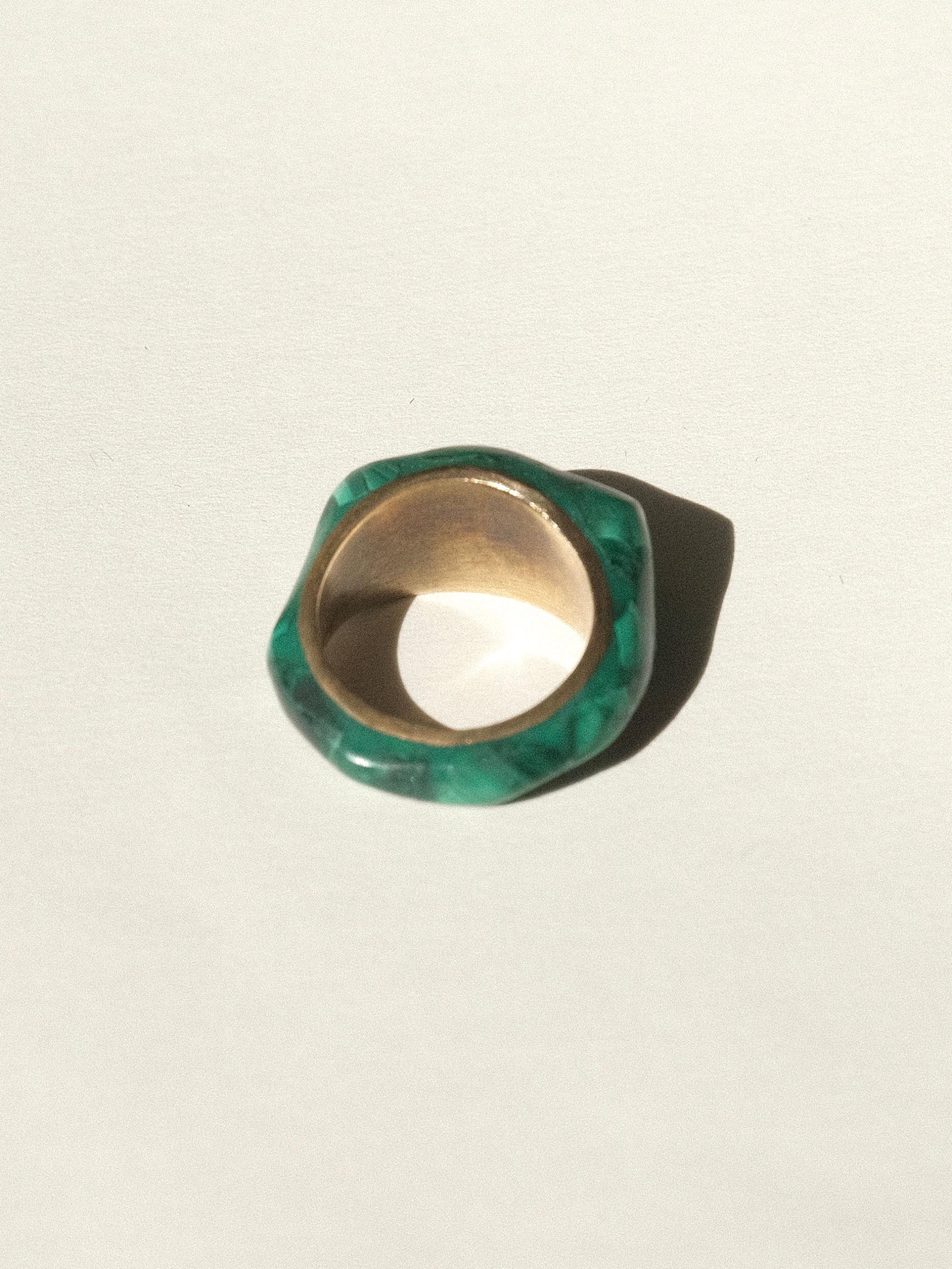 Brutalist Malachite and Brass Ring Size 5.5 1