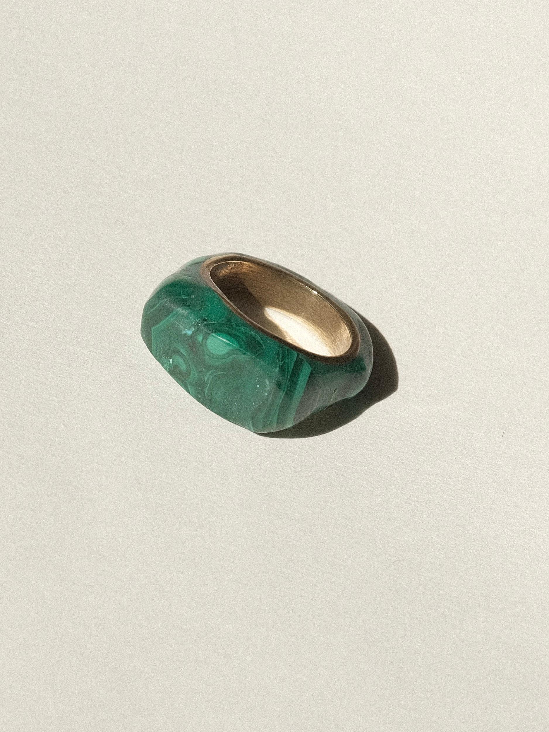 Brutalist Malachite and Brass Ring Size 5.5 2