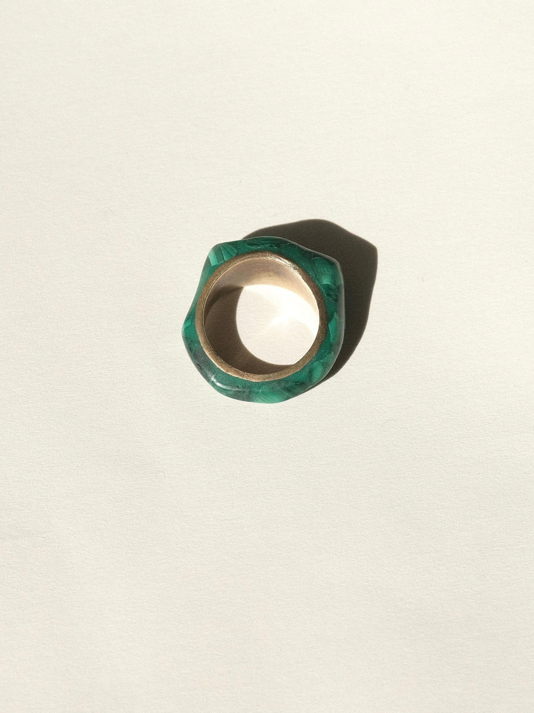 Brutalist Malachite and Brass Ring Size 5.5 3