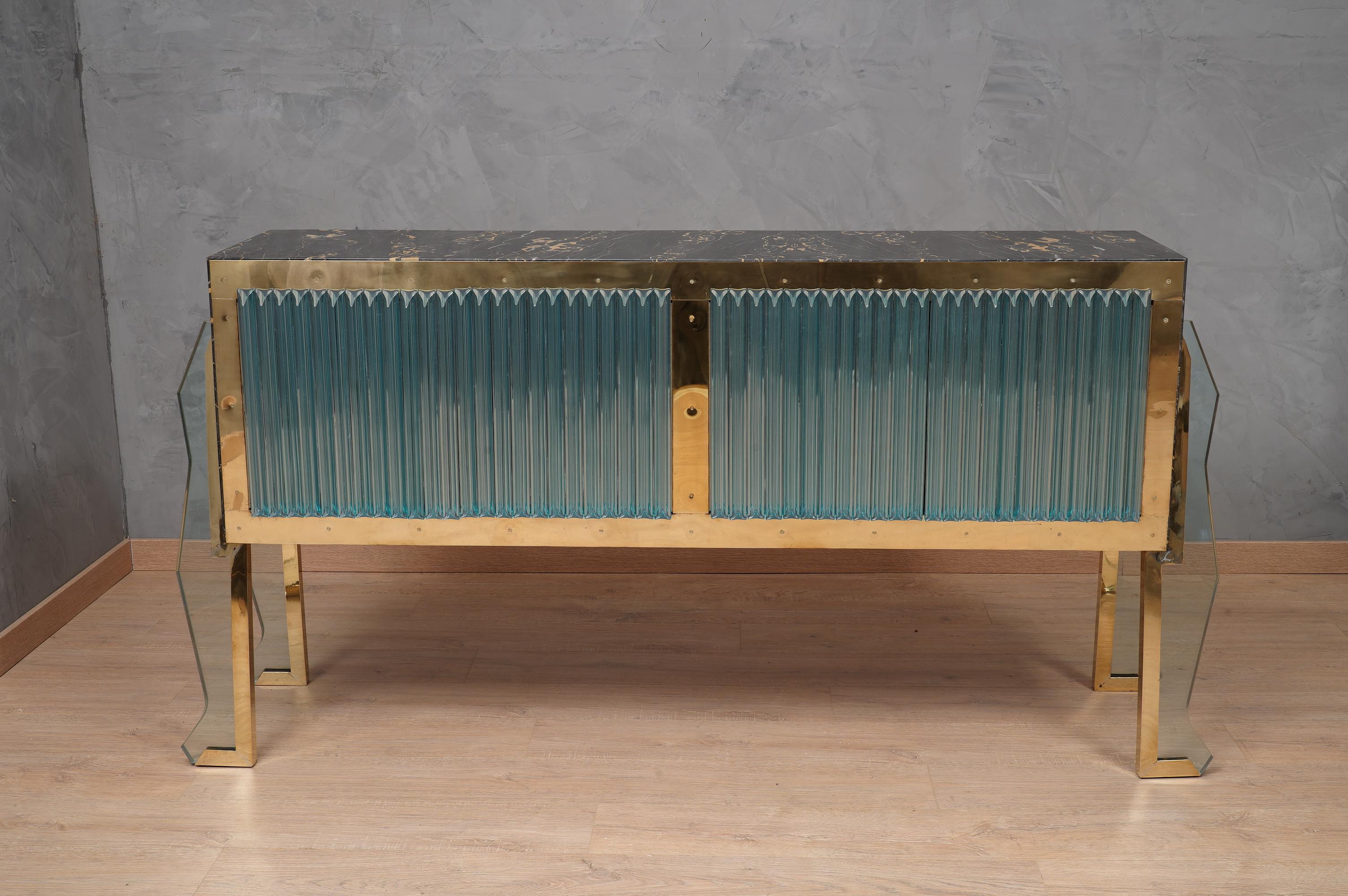 Contemporary Brutalist Marble Brass and Art Glass Italian School Sideboard, 2019 For Sale