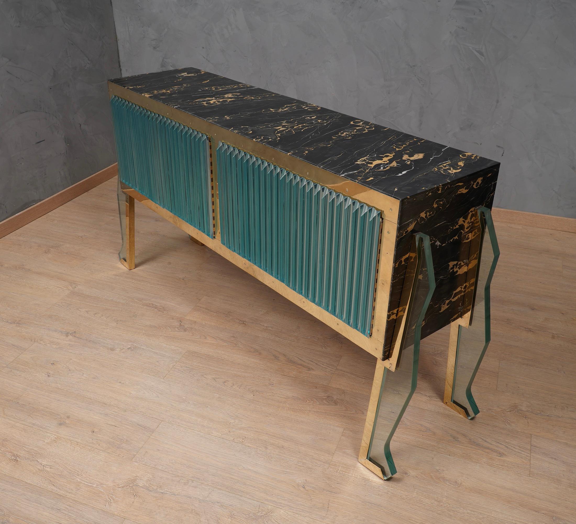 Brutalist Marble Brass and Art Glass Italian School Sideboard, 2019 For Sale 5