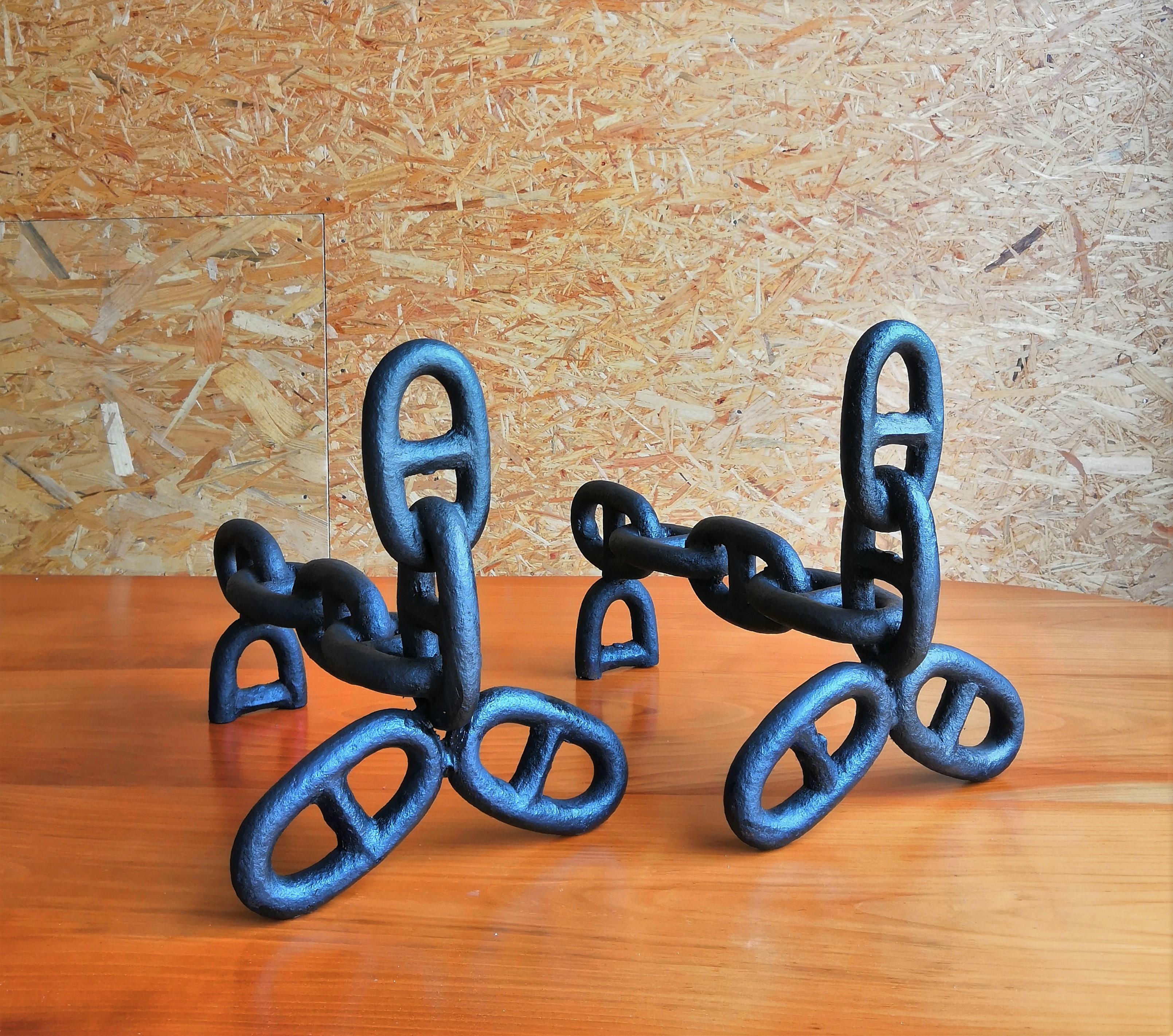 These unique solid cast iron andirons were made of a marine anchor chain
They are returnable to either Paris, France or convenient NYC location.
 