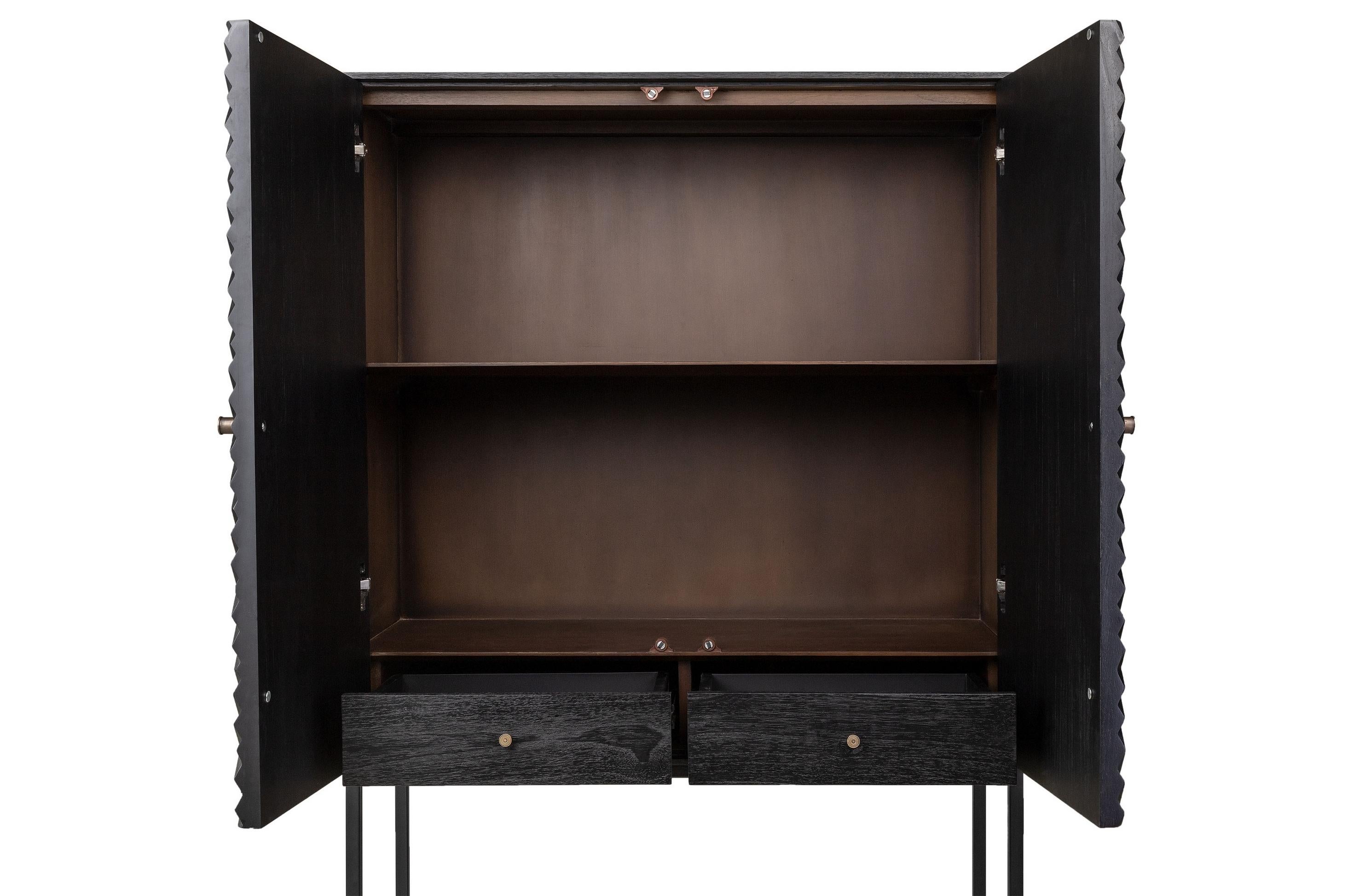 Brutalist MCM Design Wooden and Black Metal Bar Cabinet 1