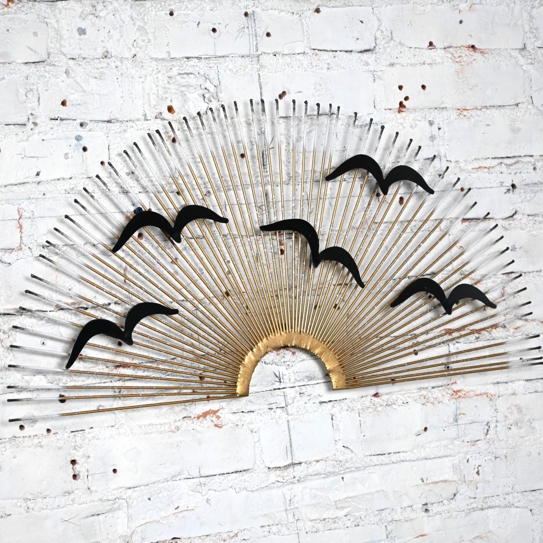 Brutalist MCM Metal Birds in Flight Sunburst Wall Art Style of C Jere For Sale 5