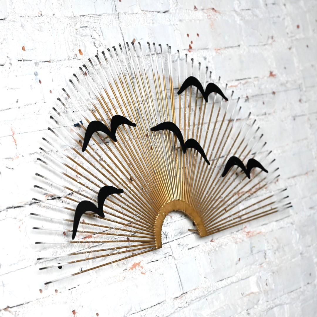Brutalist MCM Metal Birds in Flight Sunburst Wall Art Style of C Jere For Sale 6
