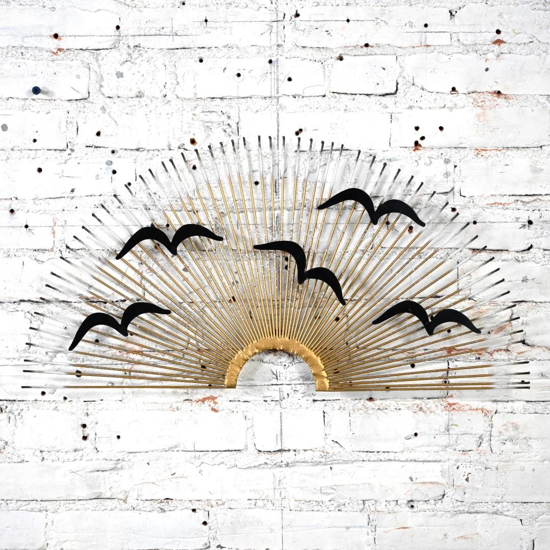 Brutalist MCM Metal Birds in Flight Sunburst Wall Art Style of C Jere For Sale 11