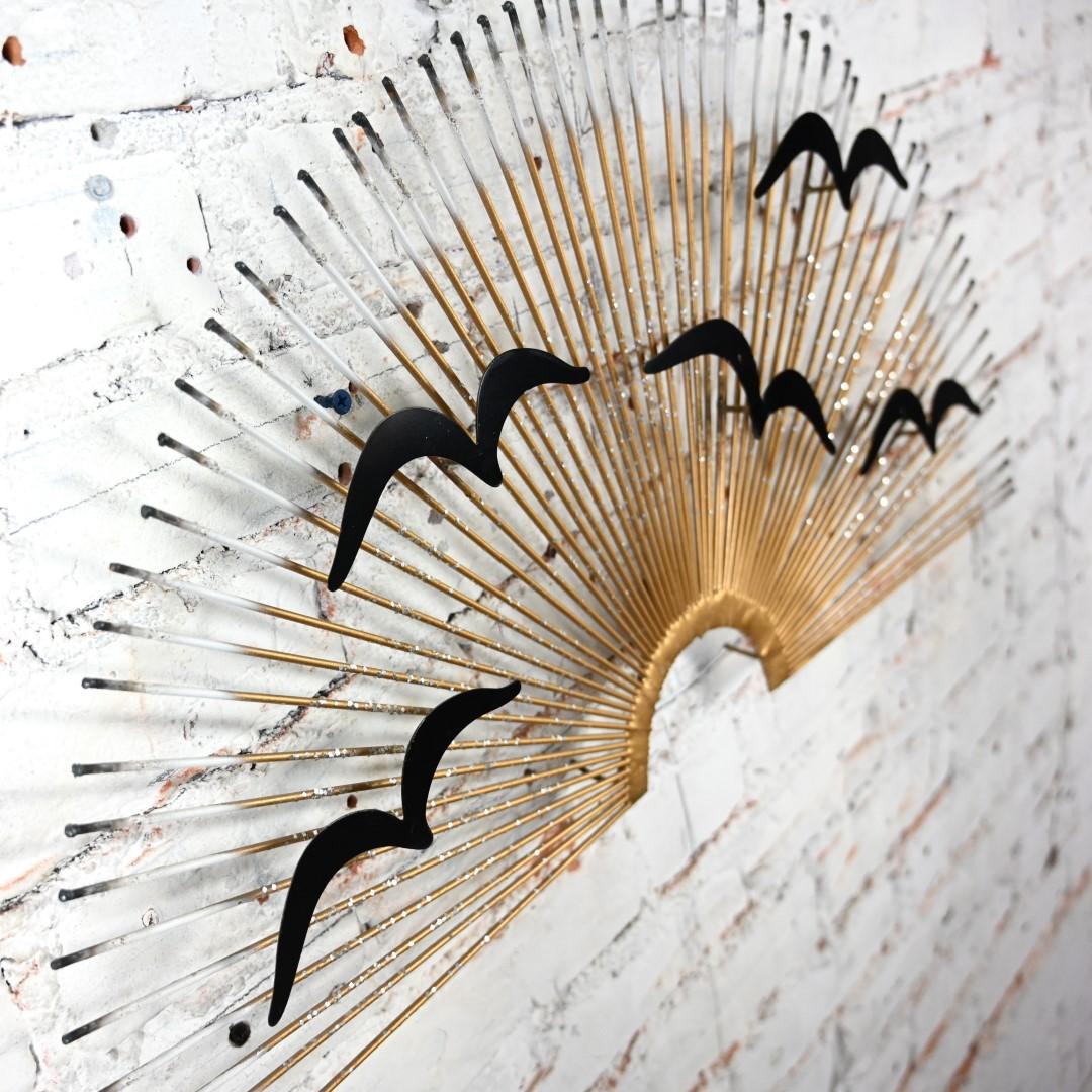 Unknown Brutalist MCM Metal Birds in Flight Sunburst Wall Art Style of C Jere For Sale