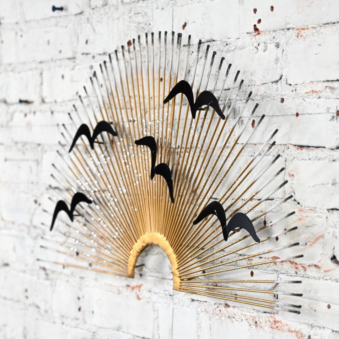 Brutalist MCM Metal Birds in Flight Sunburst Wall Art Style of C Jere For Sale 1