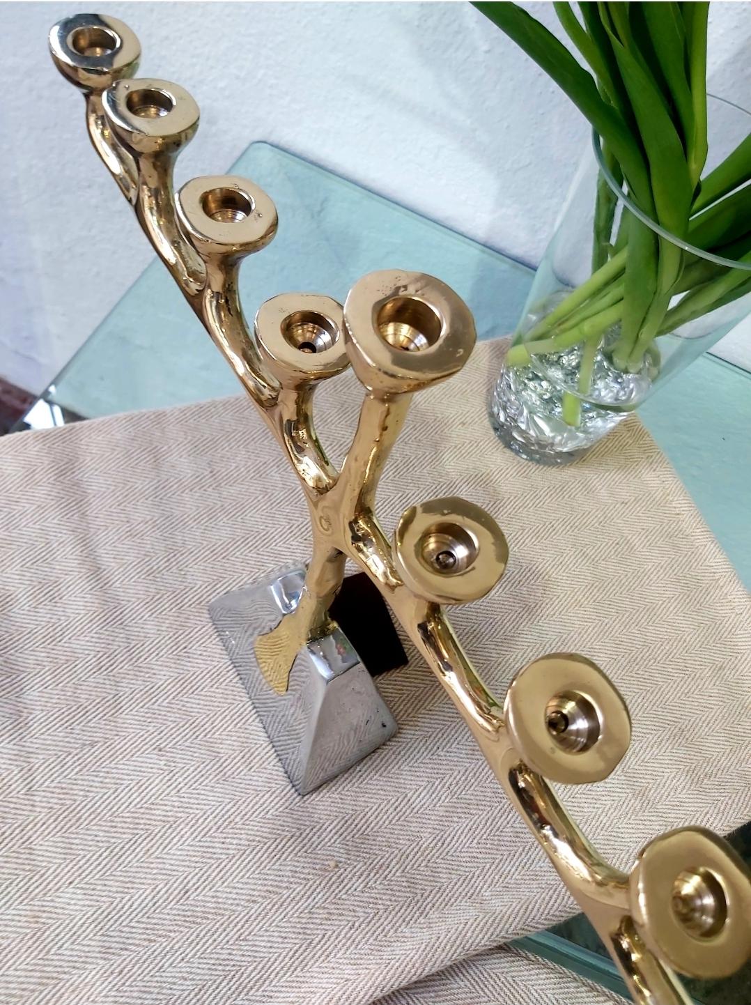 Spanish Brutalist Menorah Candelabra Cast Aluminium & Brass  David Marshall Handmade For Sale