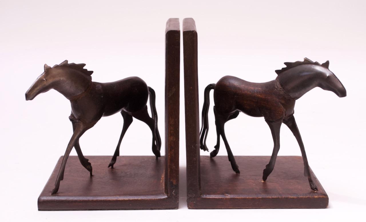 American Brutalist Metal and Wood Horse Bookends For Sale