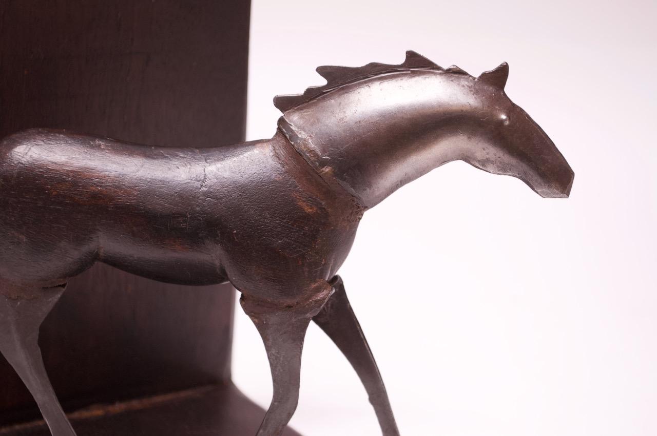 Late 20th Century Brutalist Metal and Wood Horse Bookends For Sale