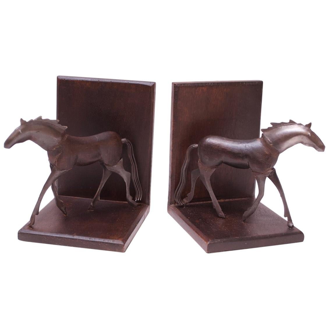 Brutalist Metal and Wood Horse Bookends