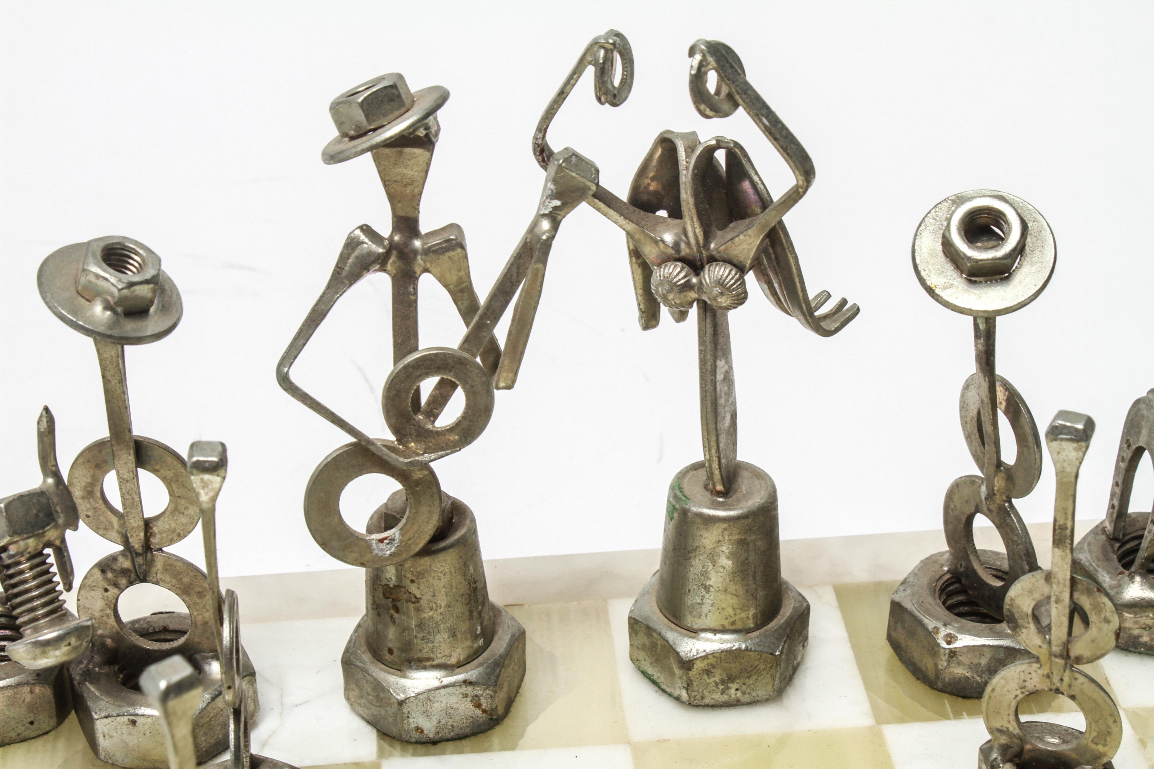 Brutalist Metal Chess Pieces with Onyx Chess Board In Good Condition In Astoria, NY