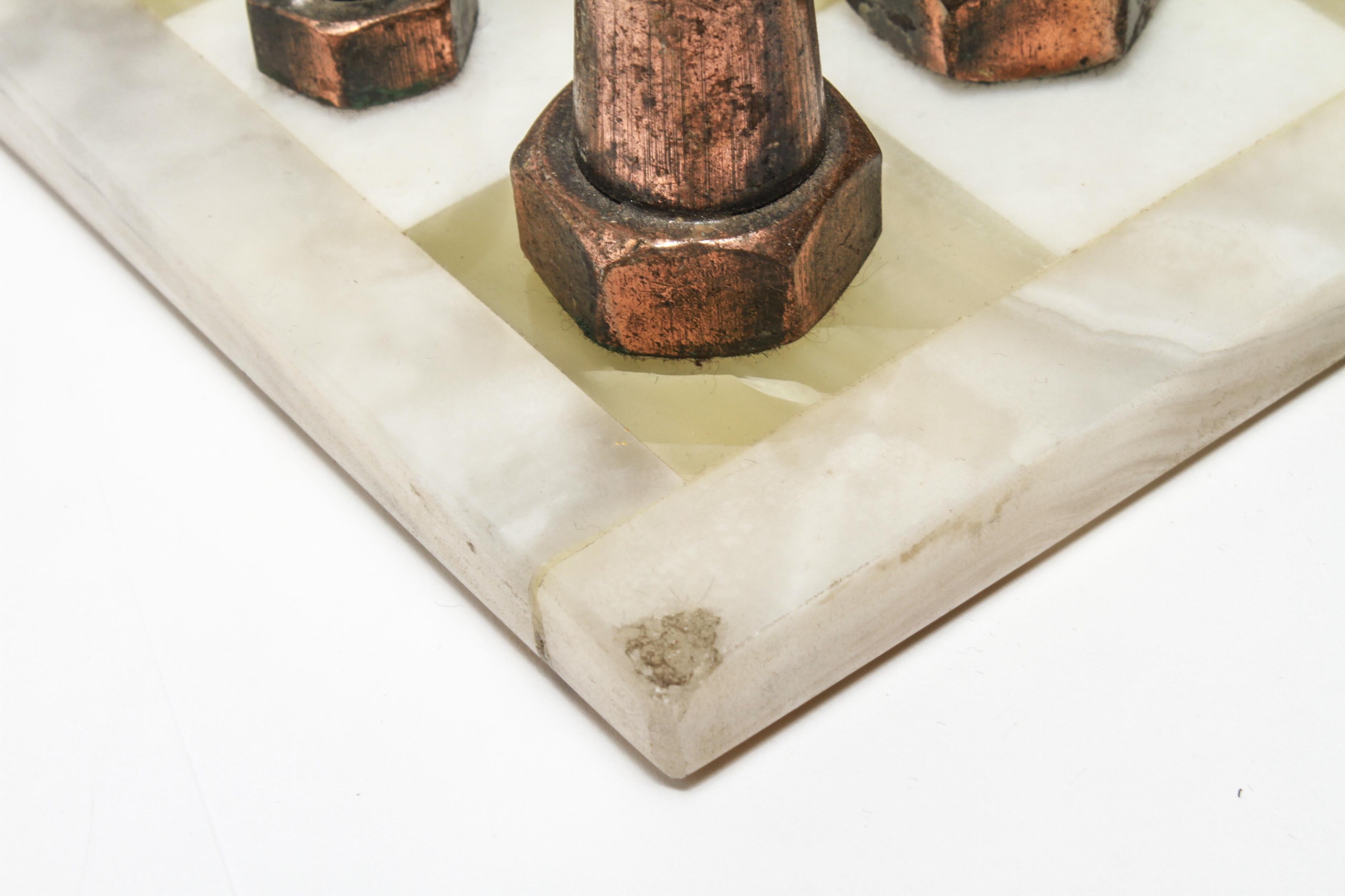 Late 20th Century Brutalist Metal Chess Pieces with Onyx Chess Board