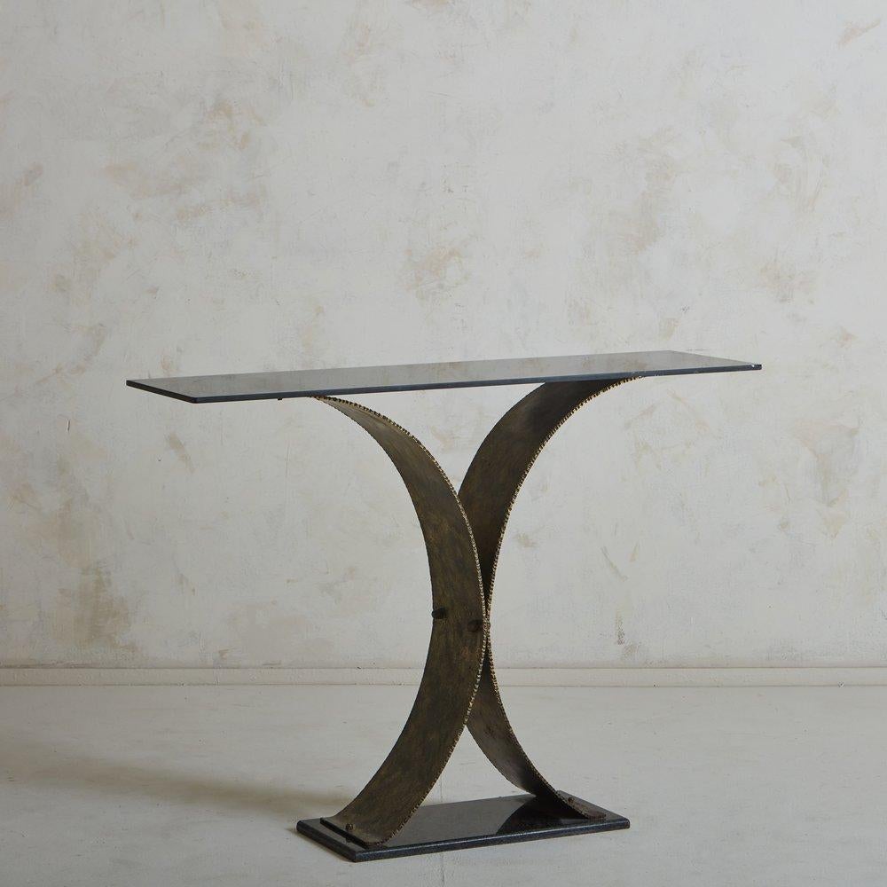 French Brutalist Metal Console Table with Smoked Glass Top, France 1970s