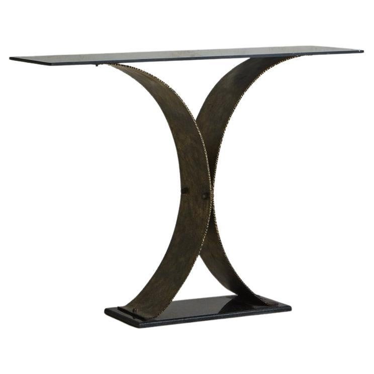 Brutalist Metal Console Table with Smoked Glass Top, France 1970s