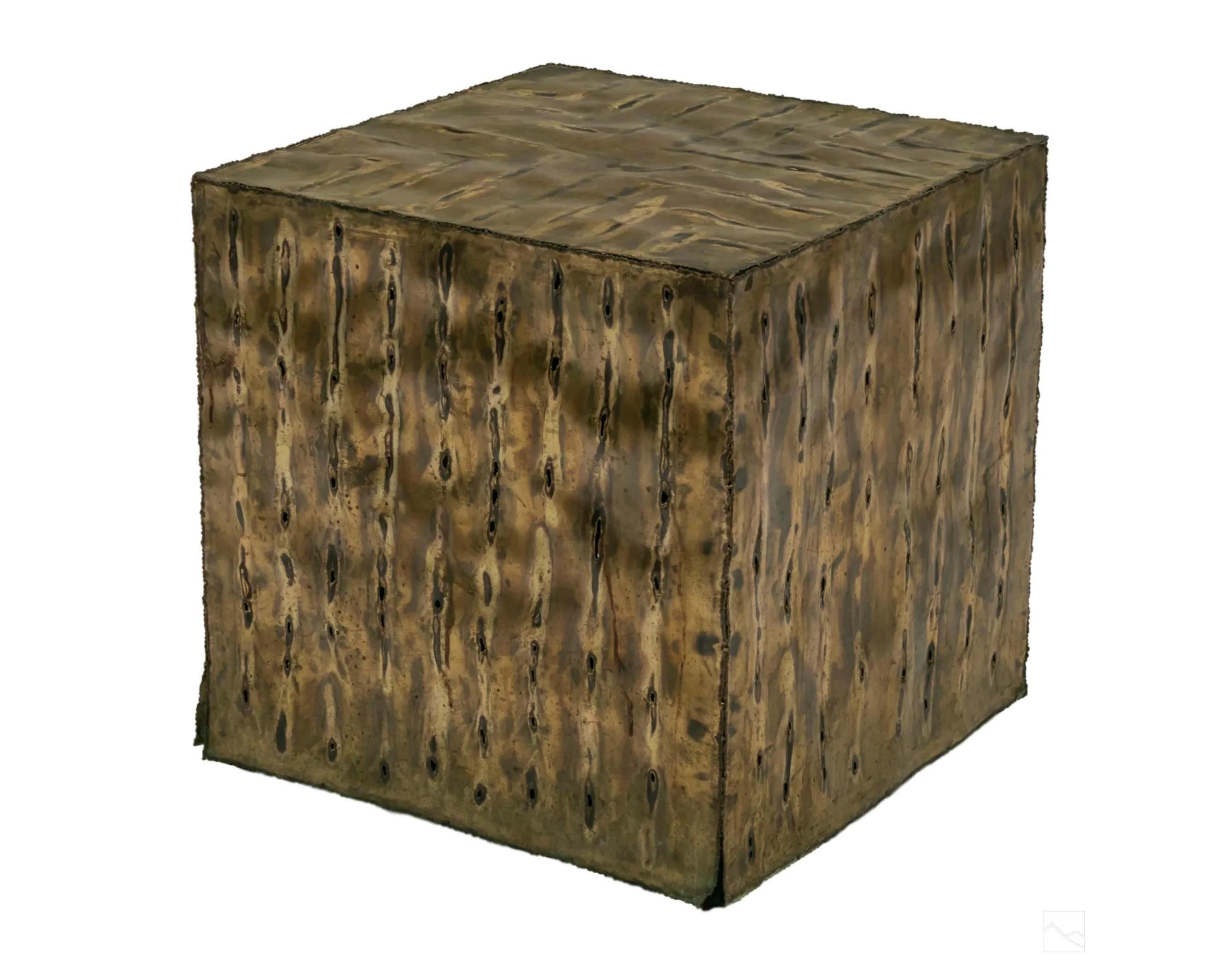 Brutalist cube table with welded mixed metals, welded torch holes
Nice original patinated surface.
 