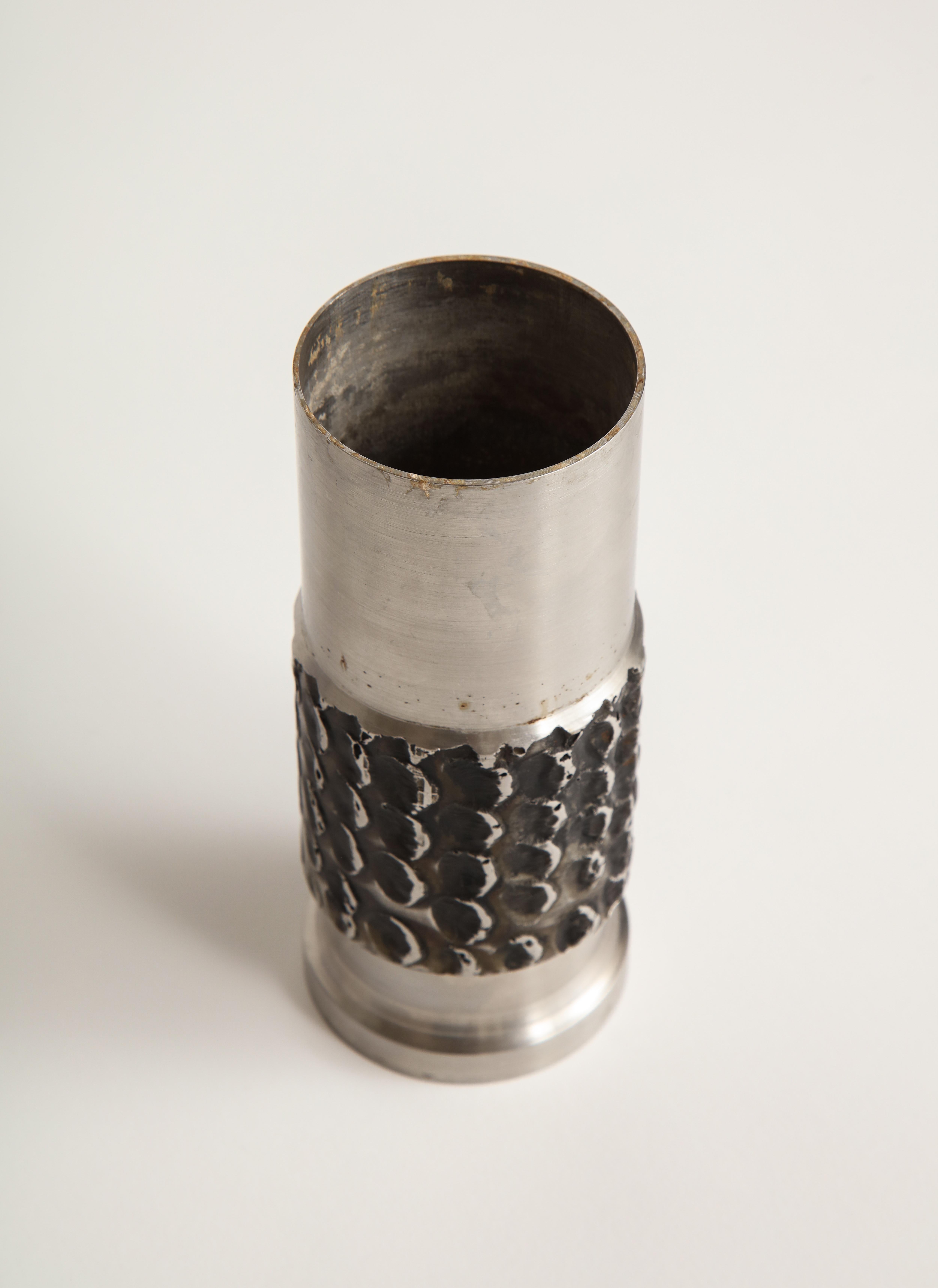 Late 20th Century Brutalist Metal Cylinder Vase For Sale