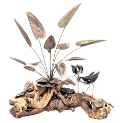 Brutalist Metal Floral & Driftwood Sculpture