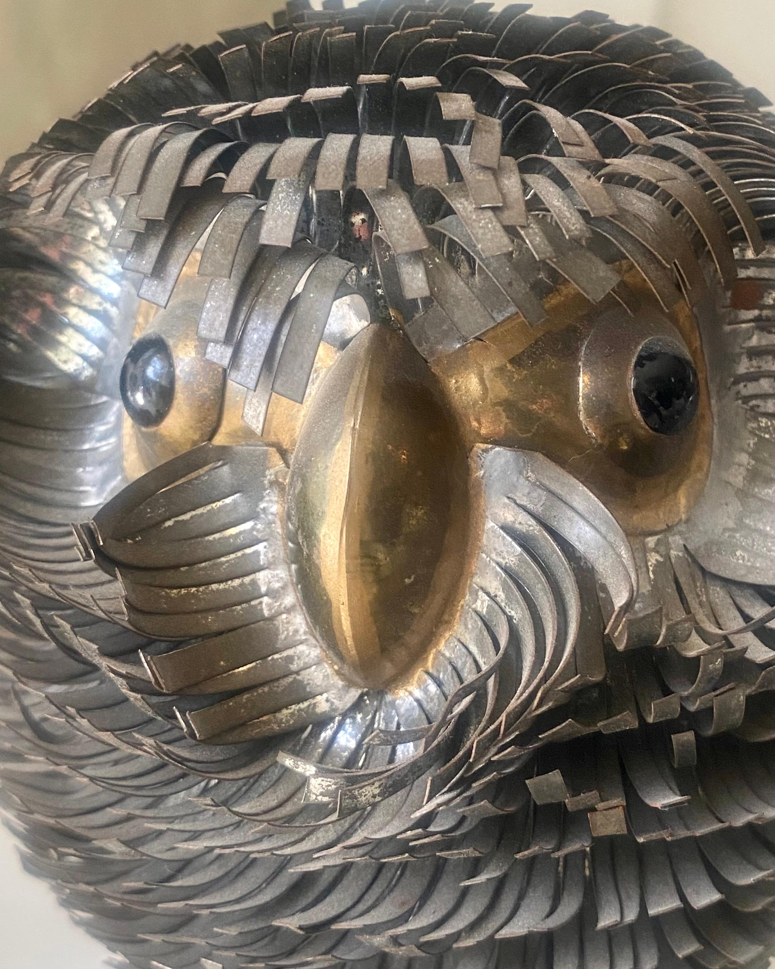 Mexican Brutalist Metal Hand Sculpted Owl Attributed to Sergio Bustamonte For Sale