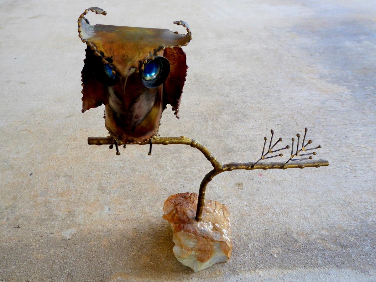 Enamel Brutalist Metal Owl Sculptures by Curtis Jeré For Sale