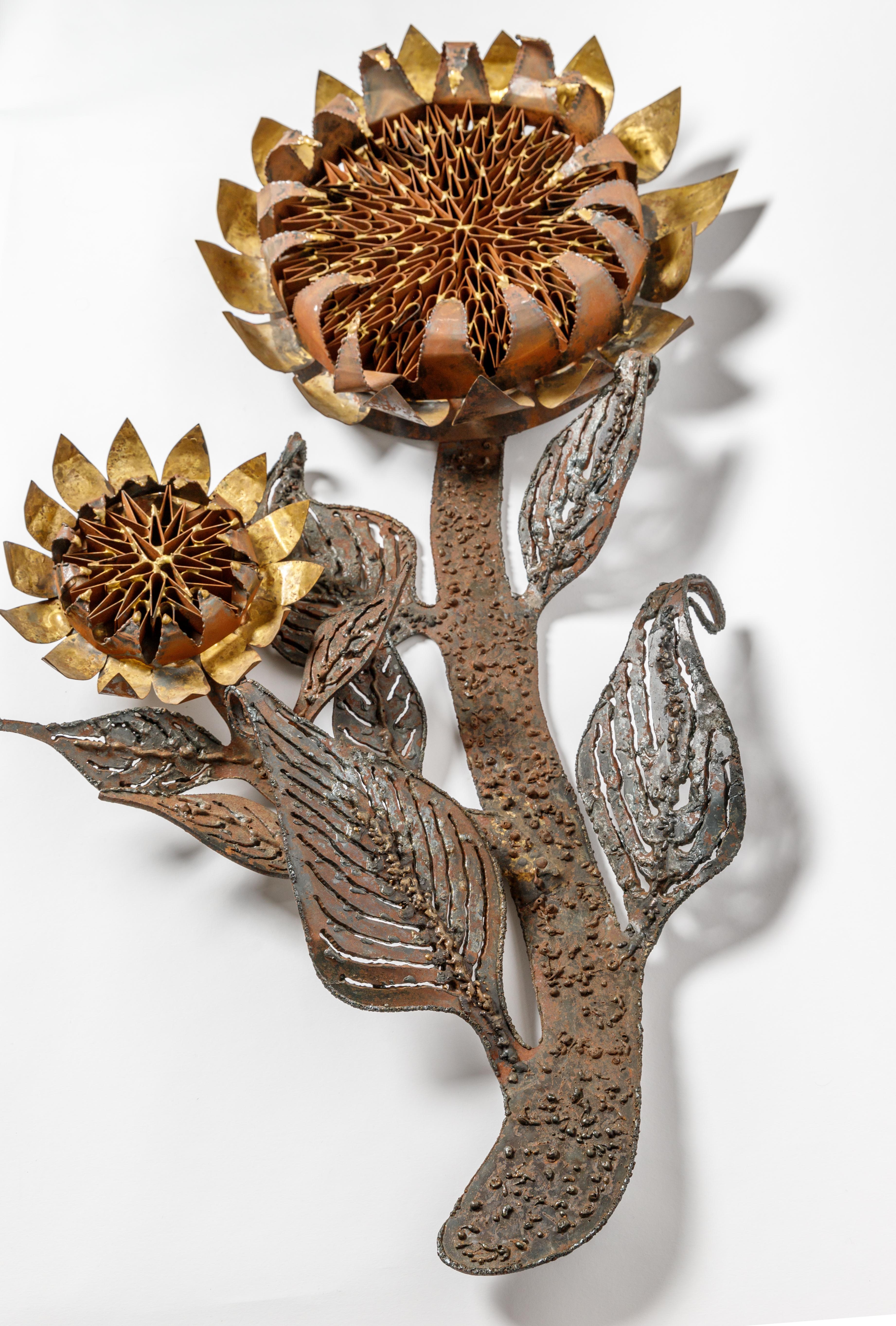 American Brutalist Metal Sculpture in Sunflower Form