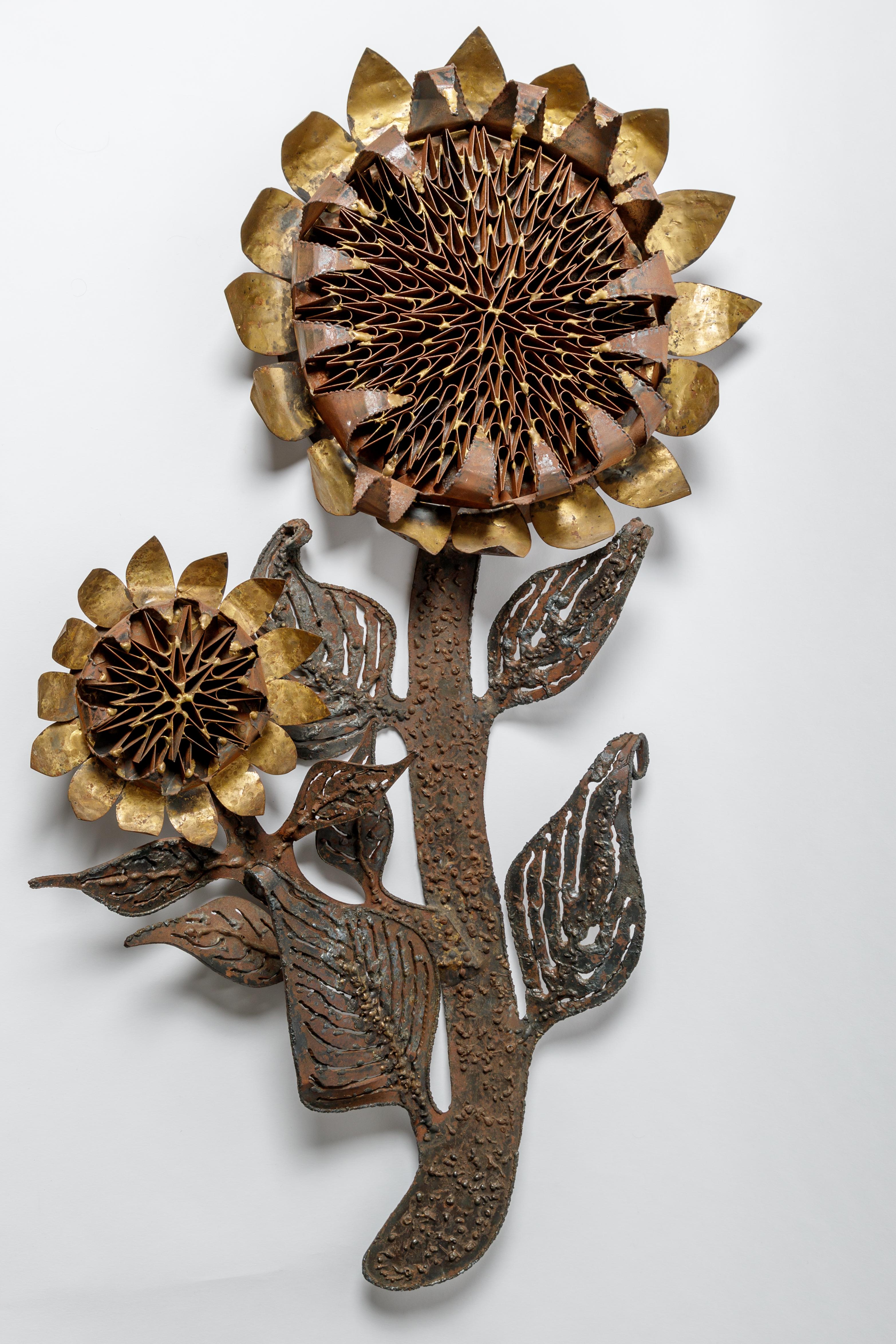 Hand-Crafted Brutalist Metal Sculpture in Sunflower Form