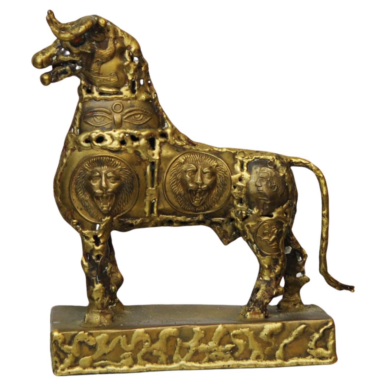 Brutalist Metal Sculpture of a Brass Bull by Pal Kepenyes, 1970s For Sale
